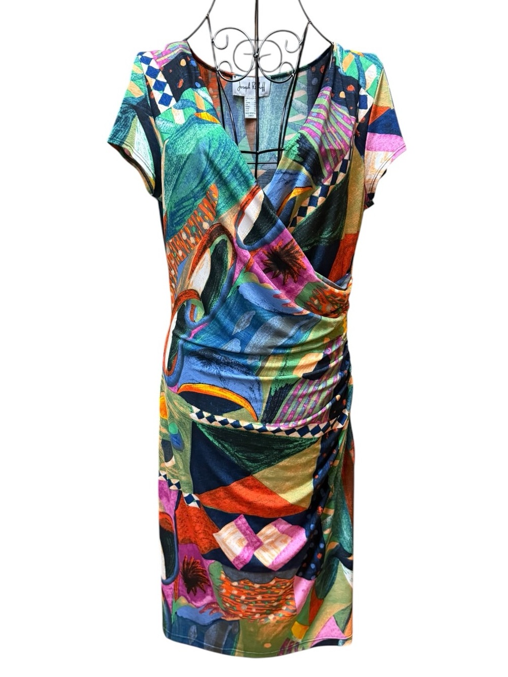 Vintage Y2K Joseph Ribkoff Colorful Abstract Print Surplice Midi Dress